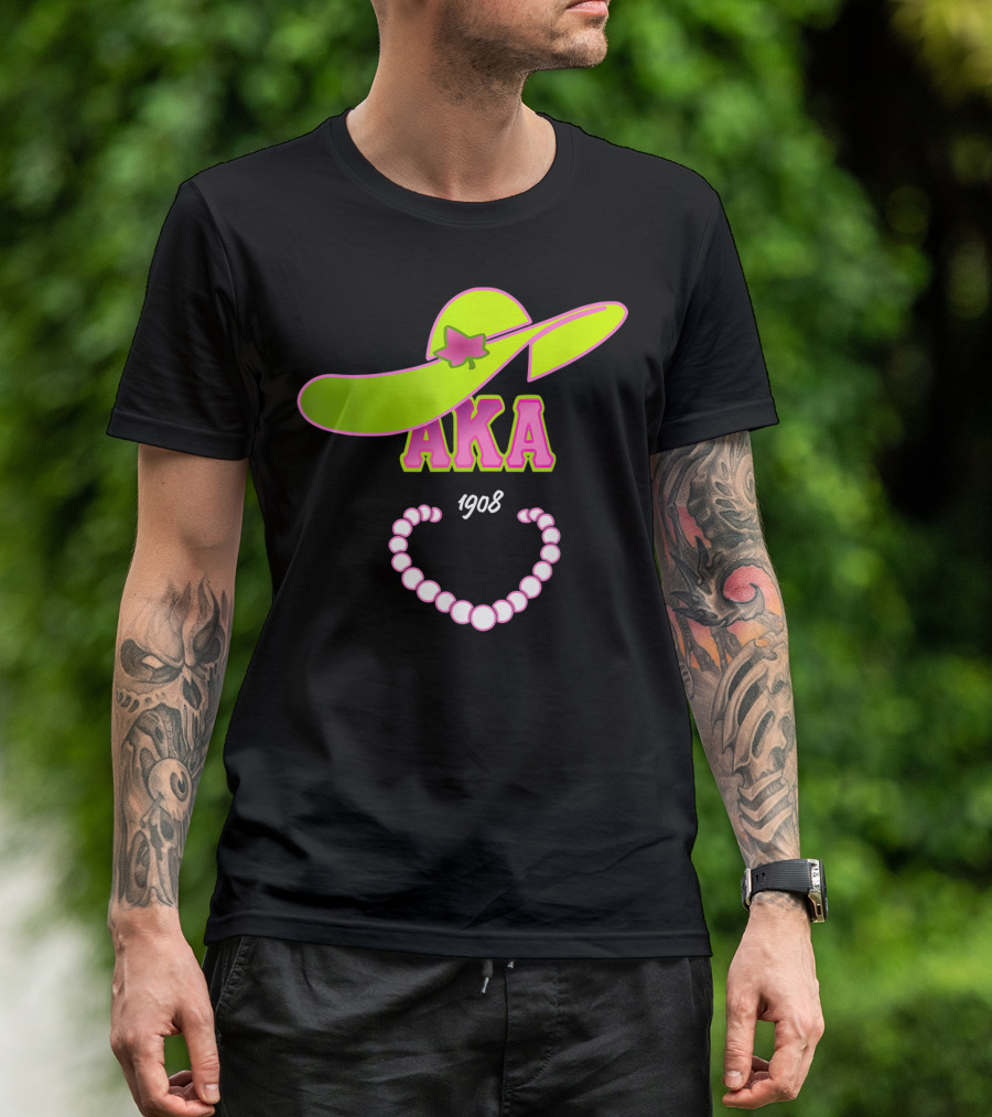 AKA 1908 Pink Green Hat Pearl Necklace Mens Fashion Paraphernalia T-Shirt