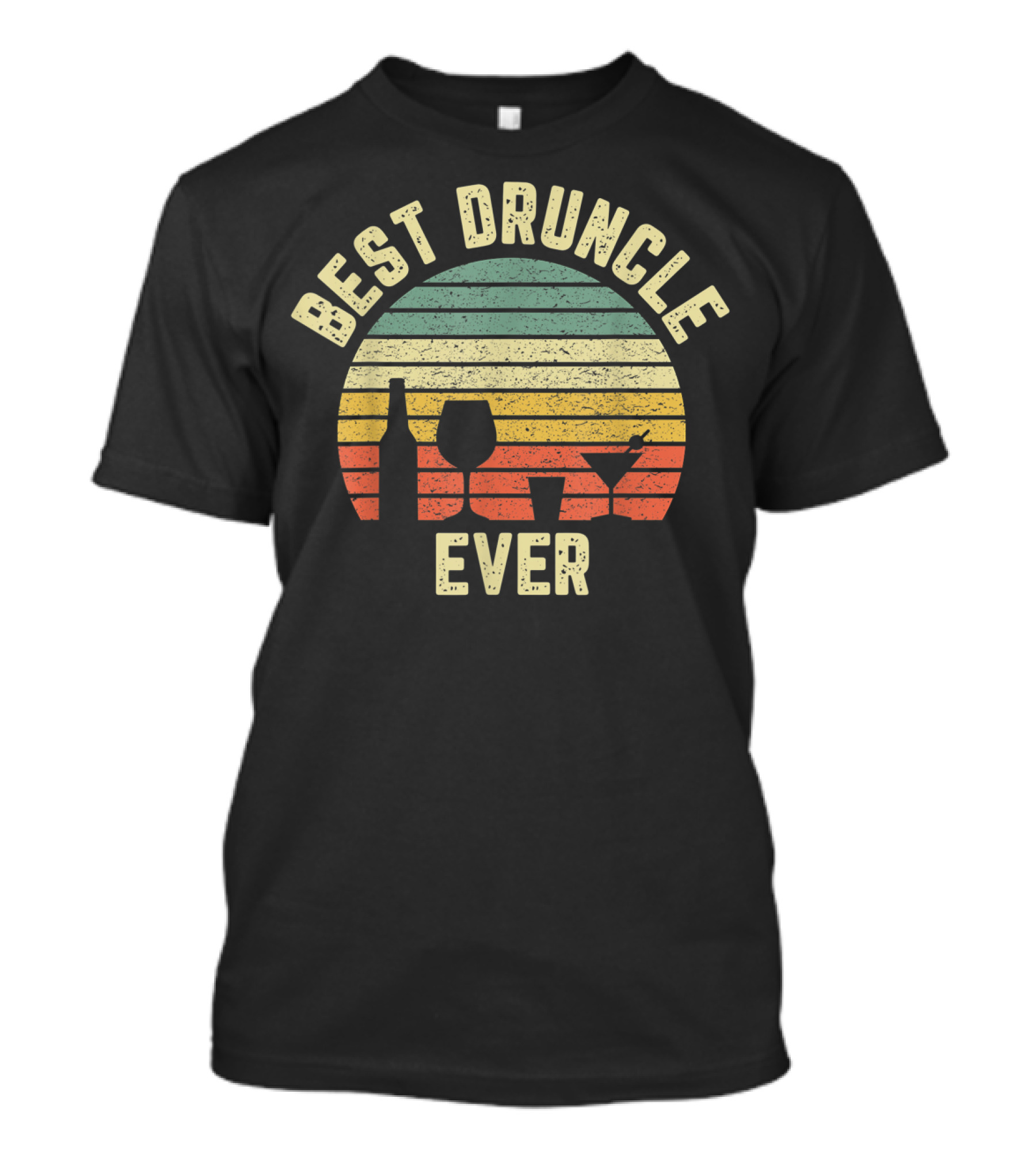 Best Druncle Ever Vintage Style Striped Sunset With Bottle And Glass T-Shirt