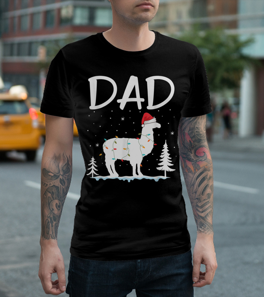 Dad Christmas Llama with Santa Hat and Lights T-Shirt