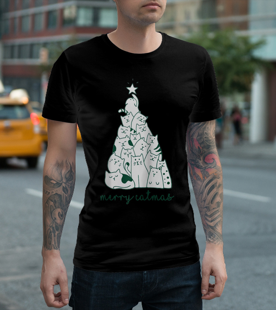 Merry Catmas Cat Christmas Tree with Star-Crowned Cats T-Shirt