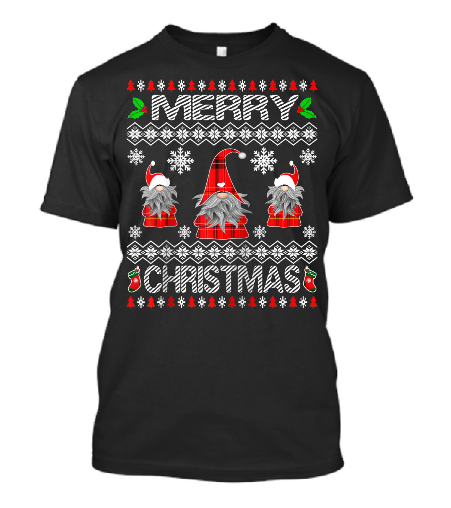 Merry Christmas Gnome Snowflakes Plaid Ugly Xmas Red T-Shirt