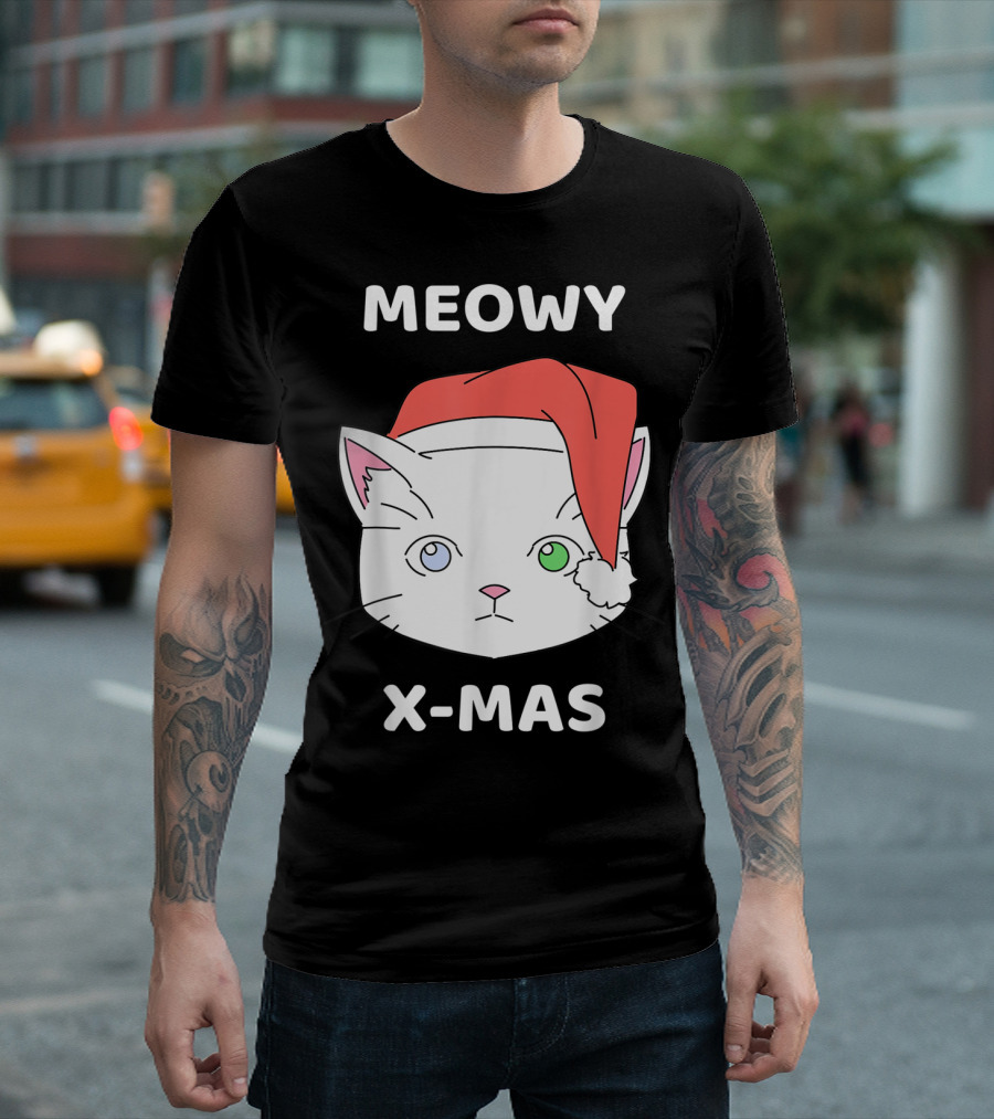 Meowy X-Mas Santa Hat Cute Cat Merry Christmas T-Shirt