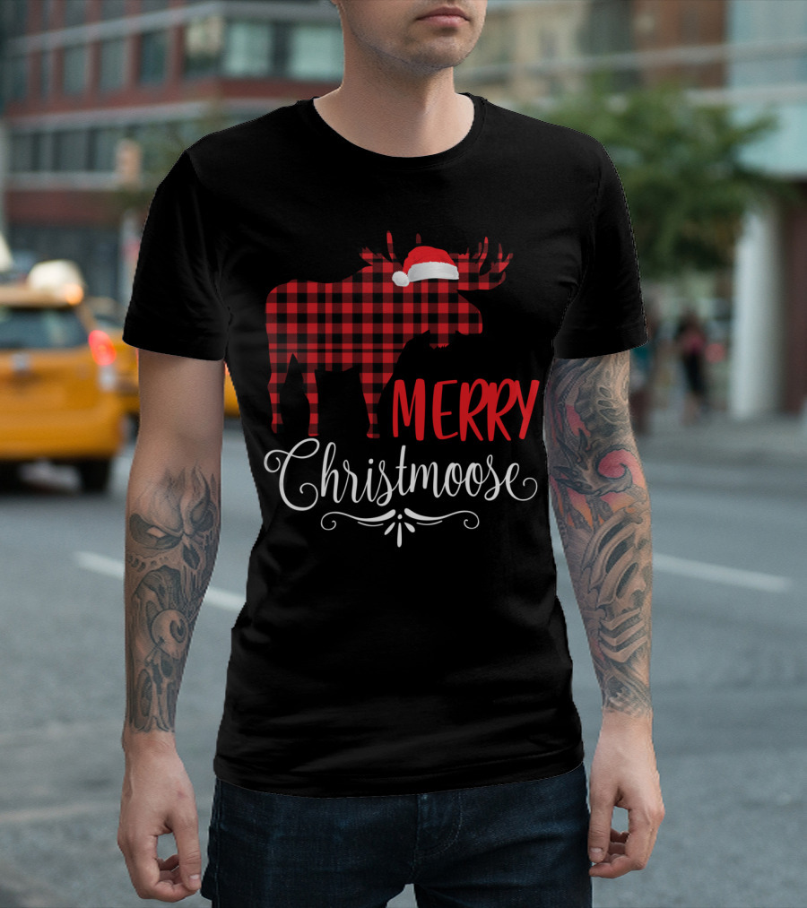 Merry Christmoose Buffalo Plaid Moose Santa Hat T-Shirt