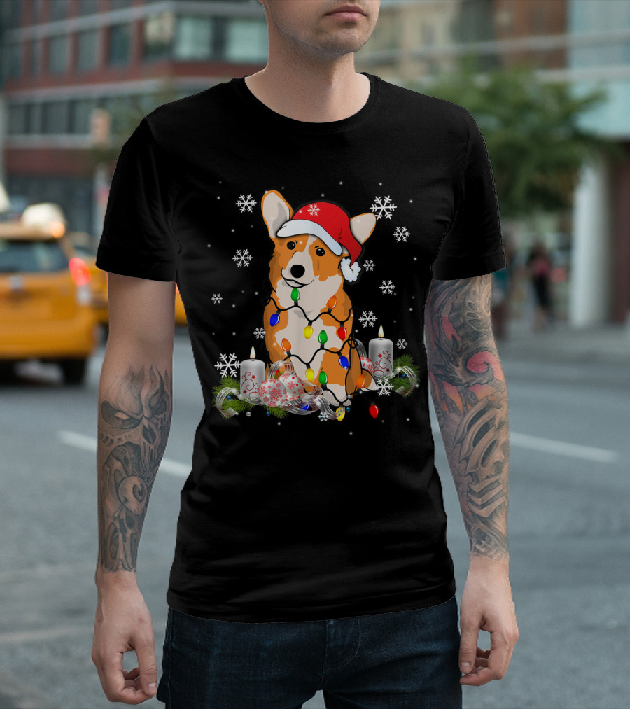 Merry Corgmas Xmas Festive Tree Santa Corgi Dog with Lights and Snowflakes T-Shirt
