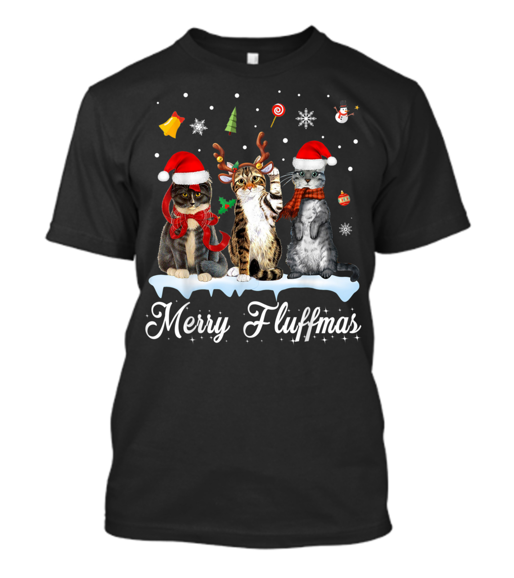 Merry Fluffmas Cats Christmas Cat Lovers Santa Hats Snowflakes Reindeer Antlers T-Shirt