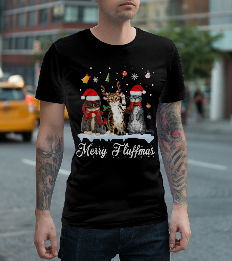 Merry Fluffmas Cats Christmas Cat Lovers Santa Hats Snowflakes Reindeer Antlers T-Shirt