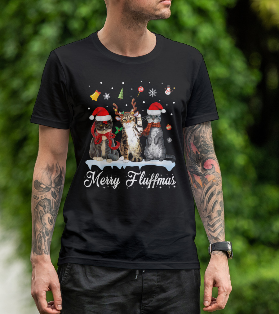 Merry Fluffmas Cats Christmas Cat Lovers Santa Hats Snowflakes Reindeer Antlers T-Shirt
