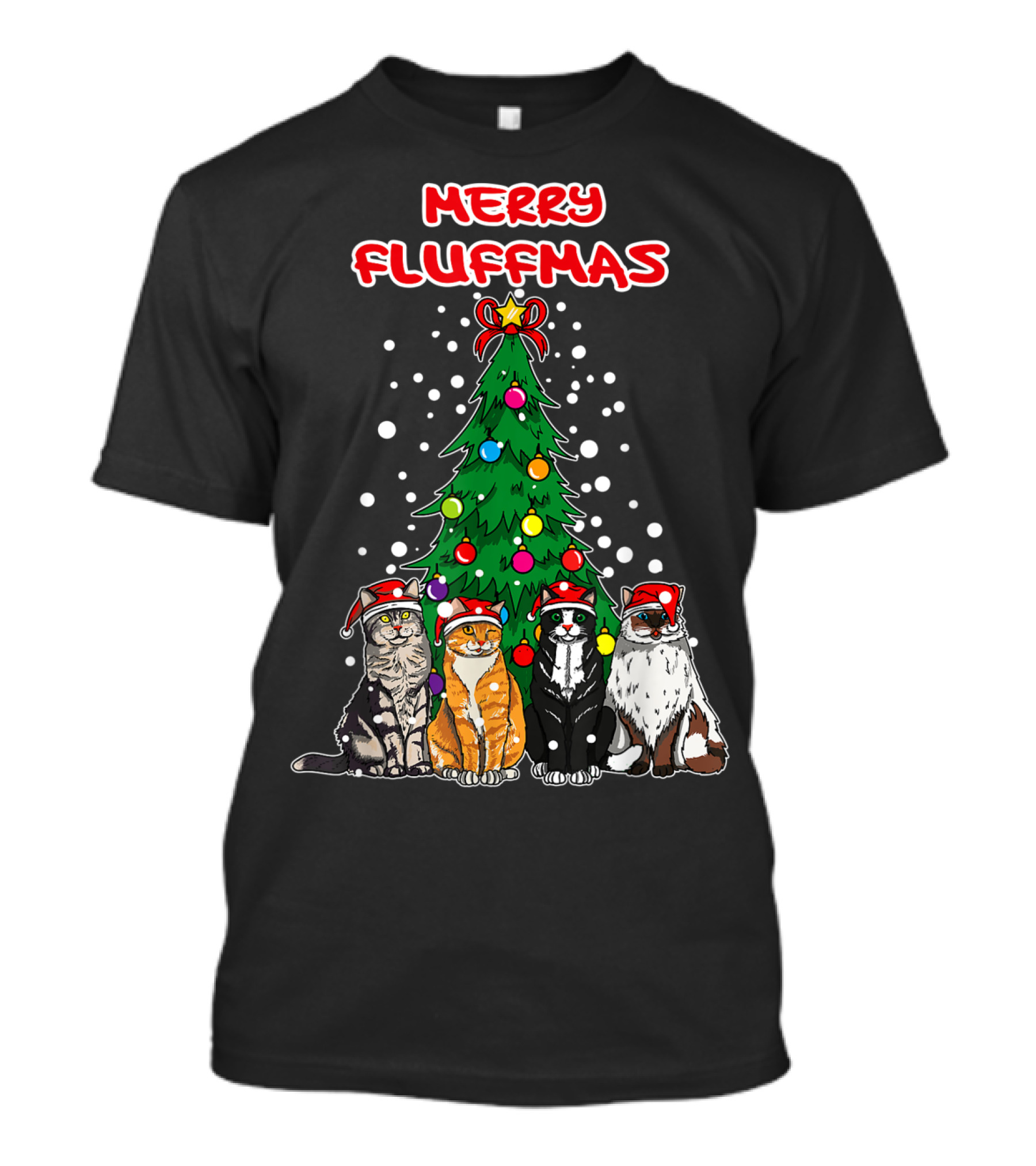 Merry Fluffmas Cats Christmas Tree With Santa Hats T-Shirt