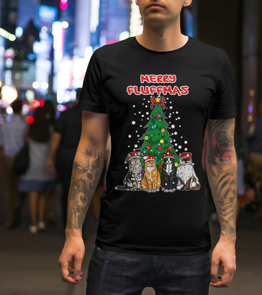 Merry Fluffmas Cats Christmas Tree With Santa Hats T-Shirt