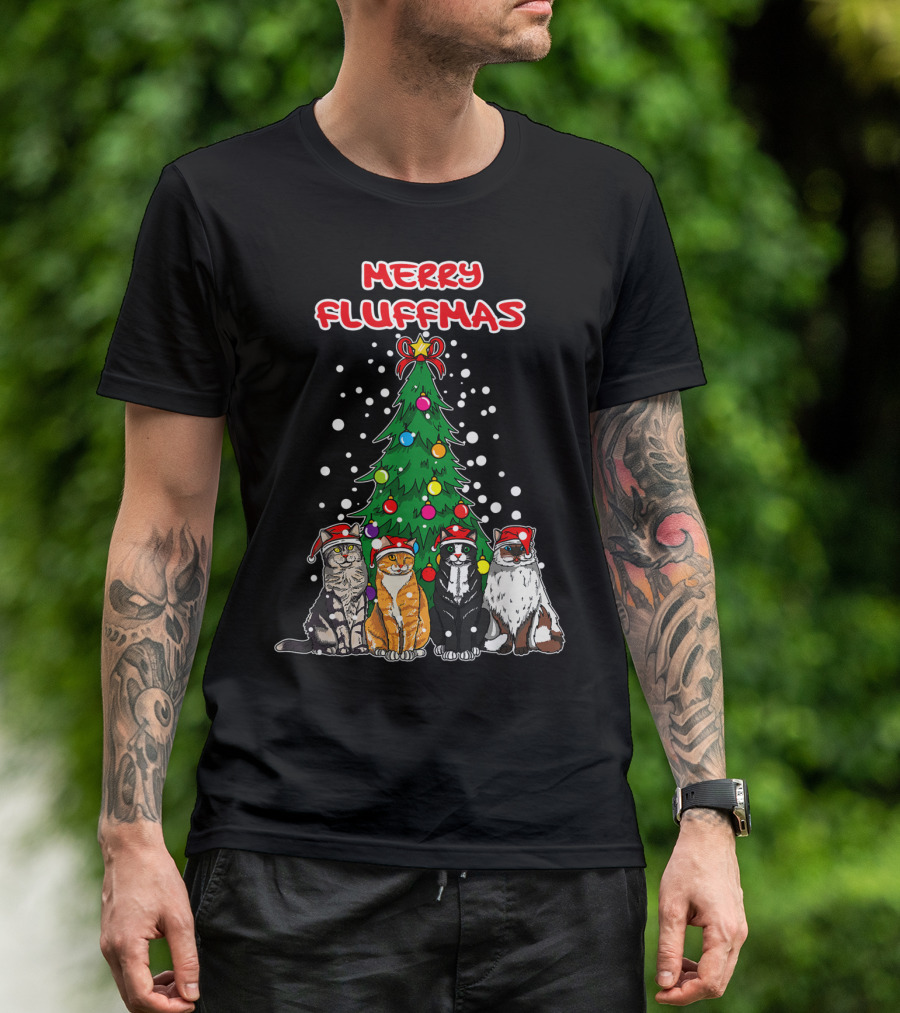 Merry Fluffmas Cats Christmas Tree With Santa Hats T-Shirt