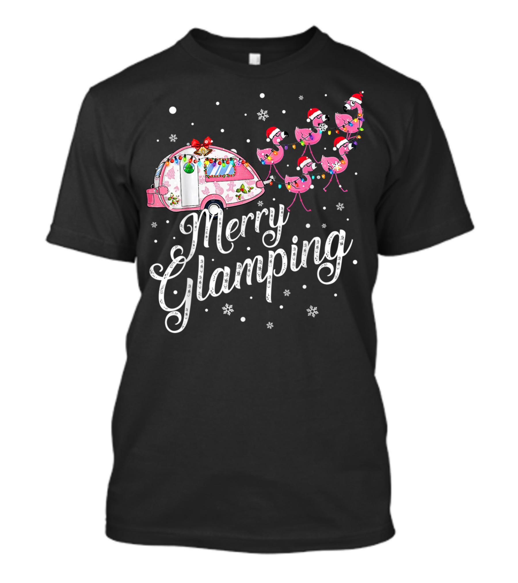 Merry Glamping Christmas Flamingo Camper With Santa Hats And Snowflakes T-Shirt