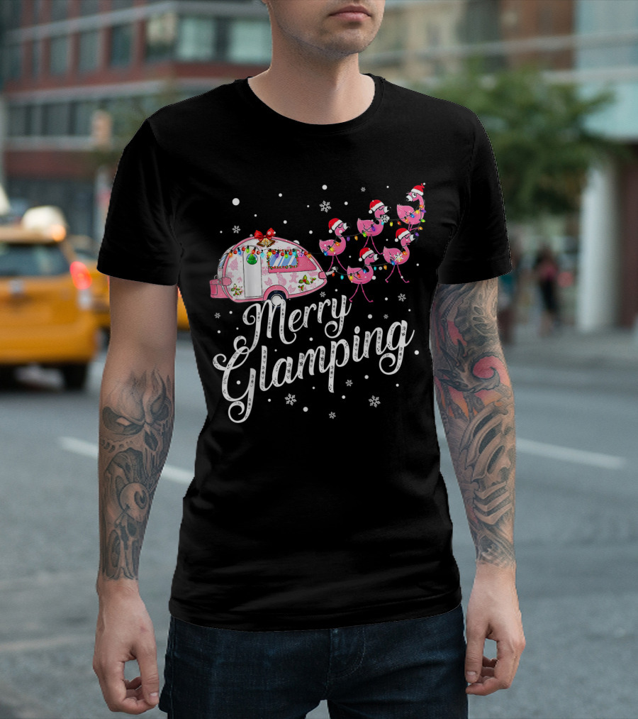 Merry Glamping Christmas Flamingo Camper With Santa Hats And Snowflakes T-Shirt