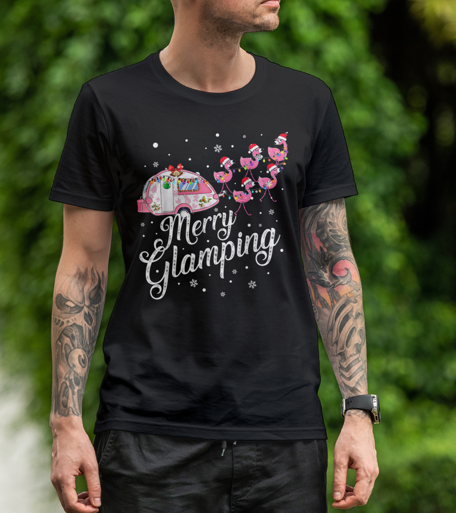 Merry Glamping Christmas Flamingo Camper With Santa Hats And Snowflakes T-Shirt