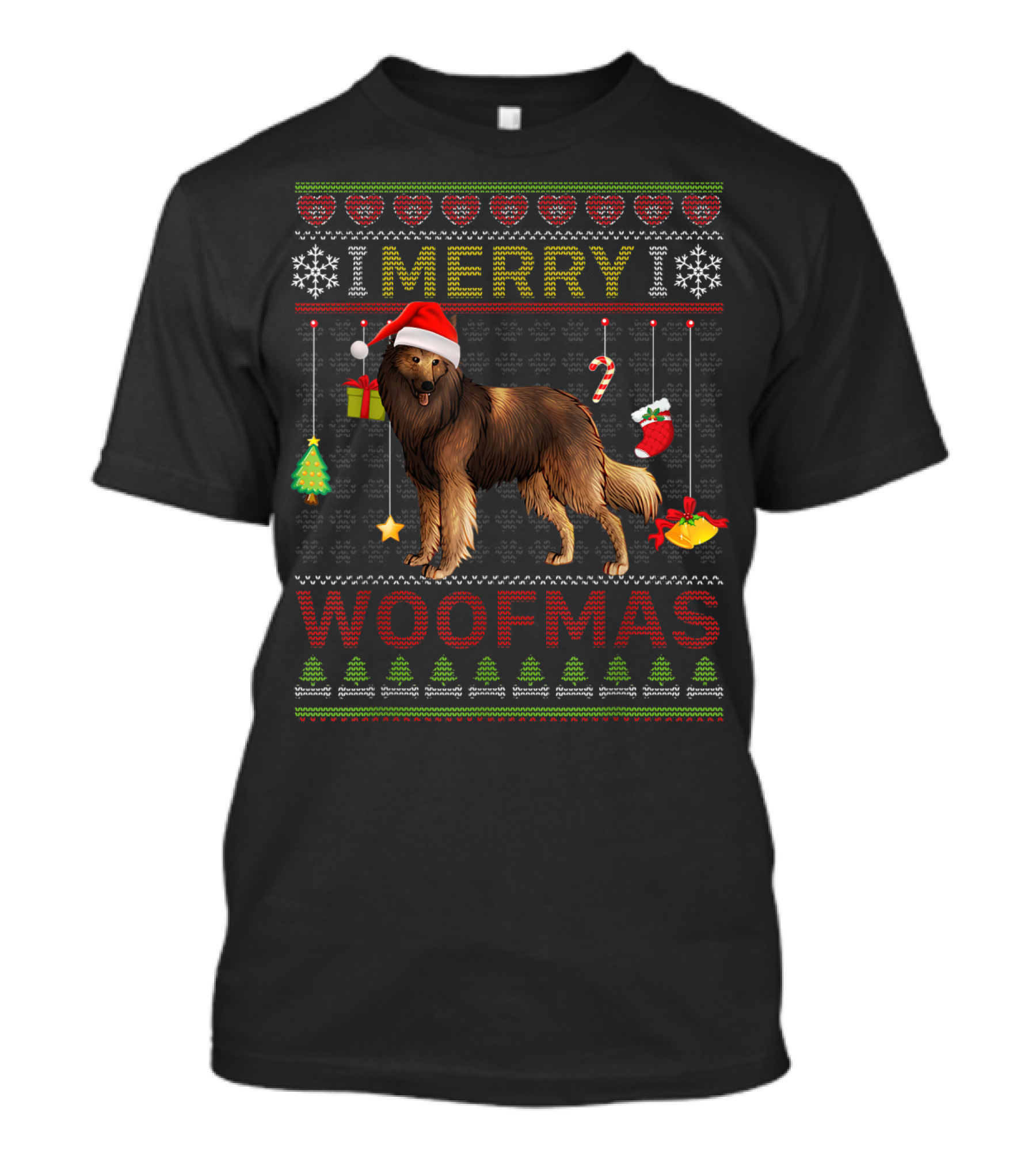 Merry Woofmas Belgian Tervuren Holiday Sweater Style With Santa Hat And Christmas Decorations T-Shirt