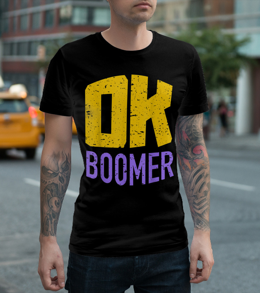 Ok Boomer Huge Text Millennial Generation Bold Yellow Purple Distressed Letters T-Shirt