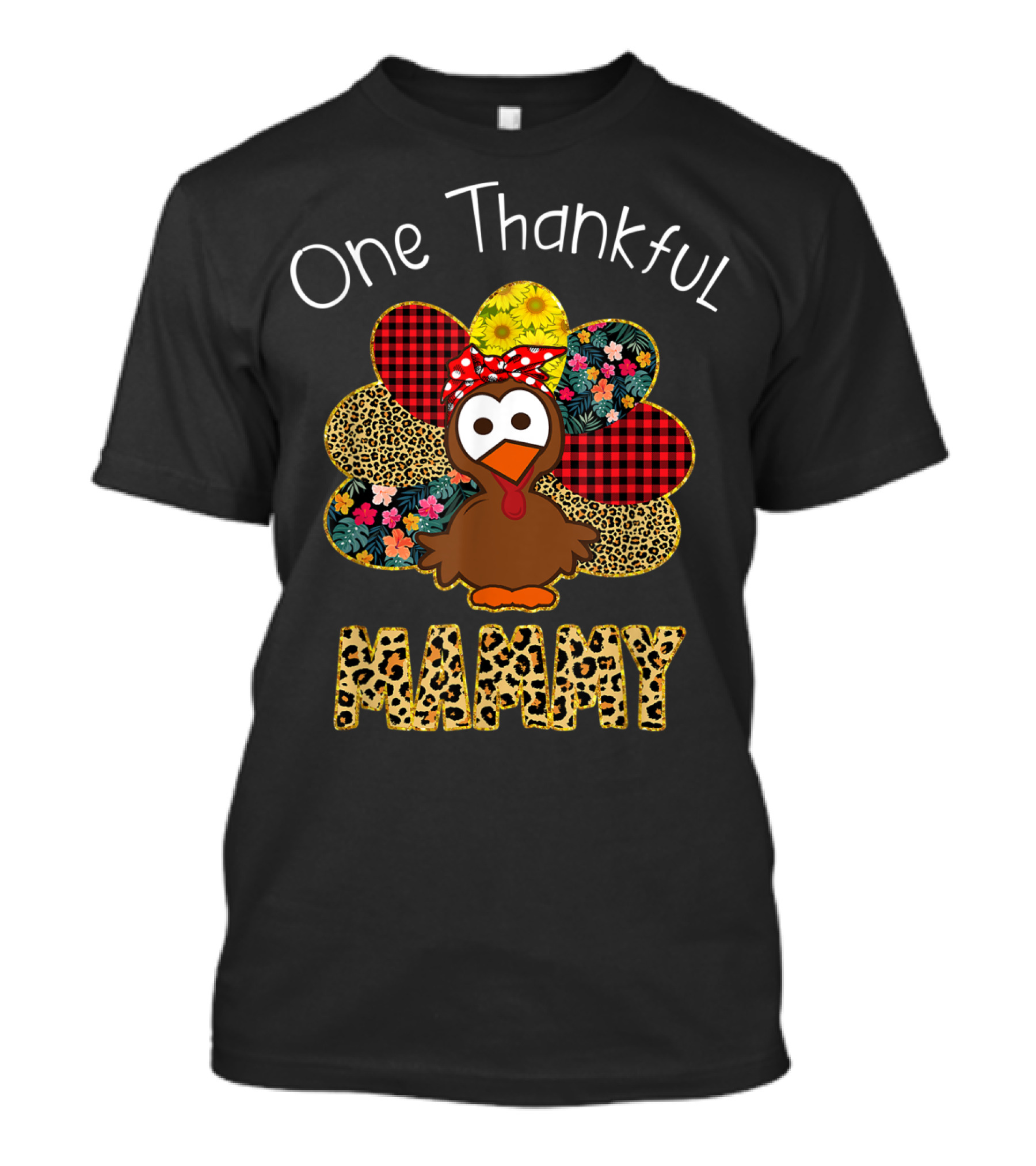 One Thankful Mammy Turkey With Leopard And Floral T-Shirt