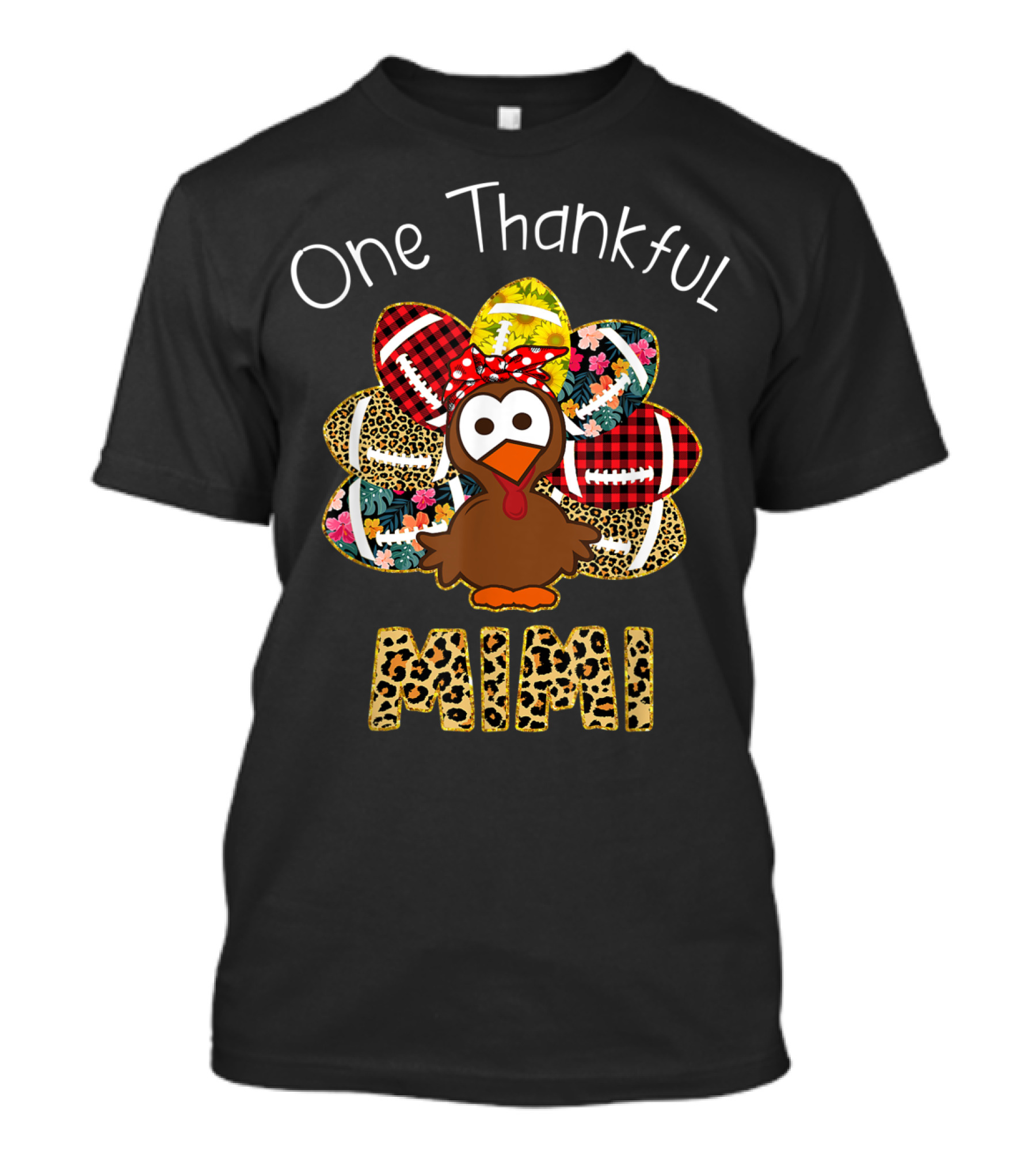 One Thankful Mimi Turkey With Football Eggs And Leopard Print T-Shirt