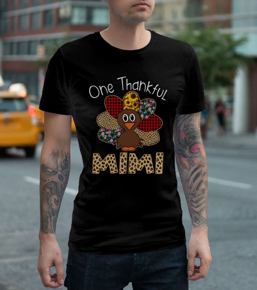 One Thankful Mimi Turkey Flowers Plaid Leopard T-Shirt