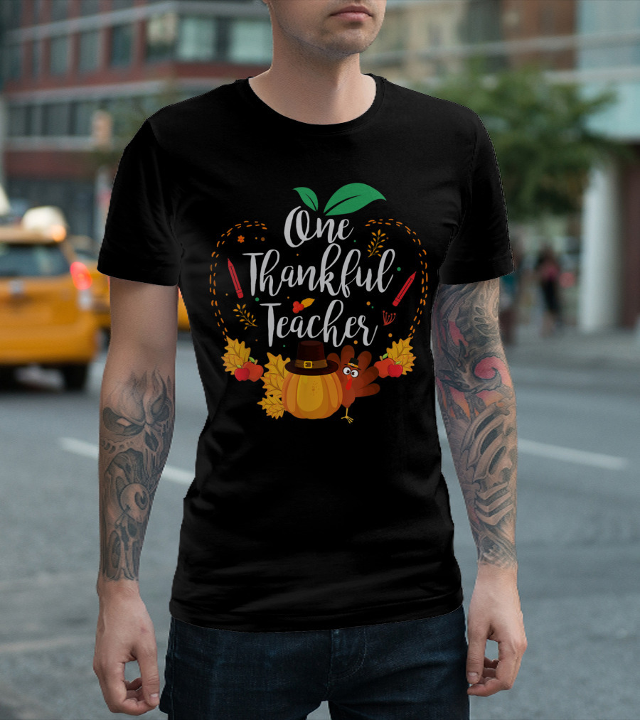 Thankful Teacher with Thanksgiving Turkey and Autumn Leaves T-Shirt