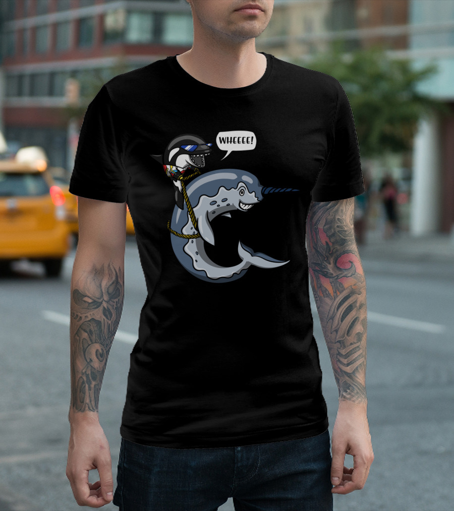 Orca Whale Riding Narwhal Fish Wheeeee Funny Ocean T-Shirt