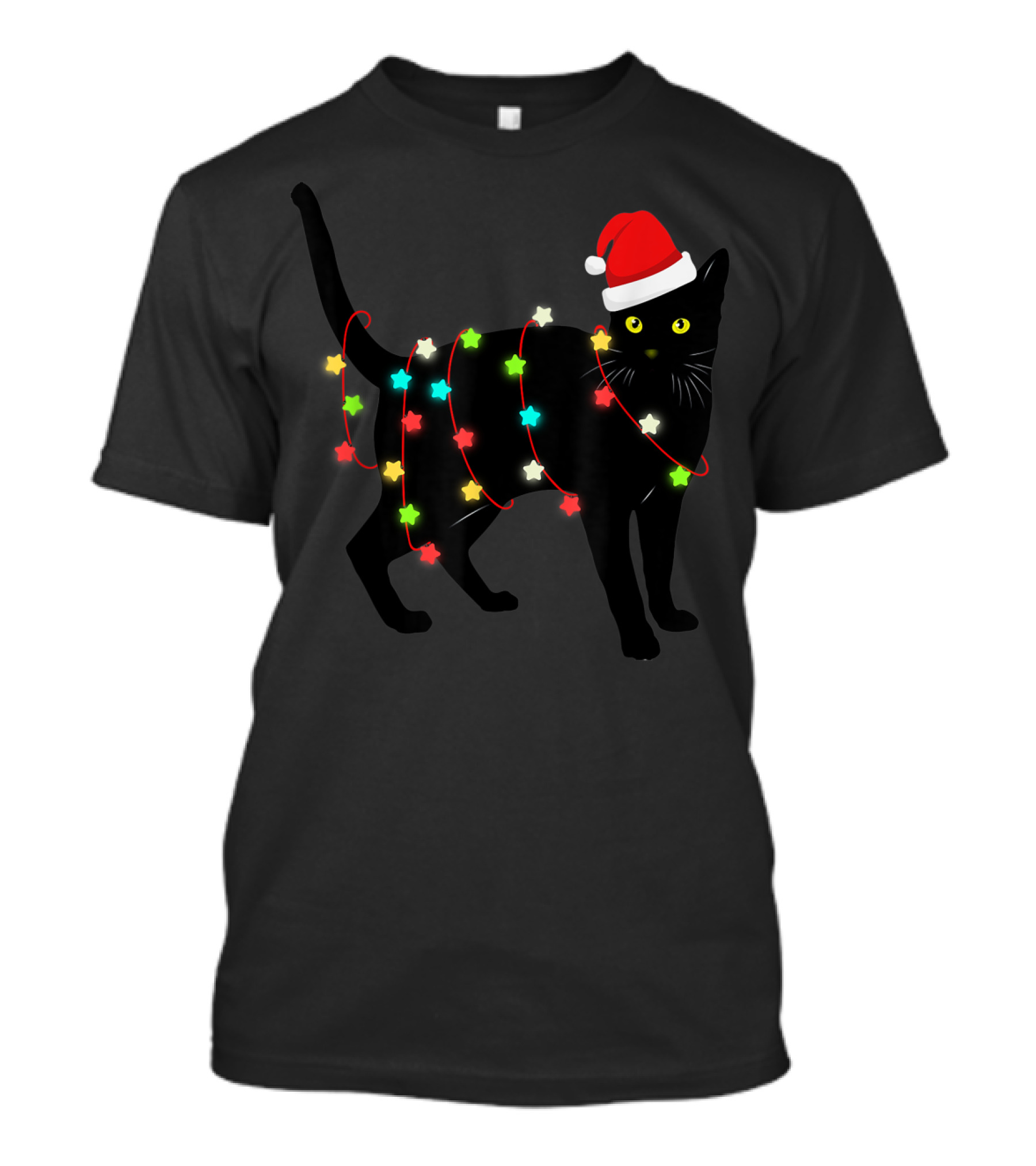 Black Cat Wrapped In Christmas Lights Wearing Santa Hat For Funny Cat Lover T-Shirt