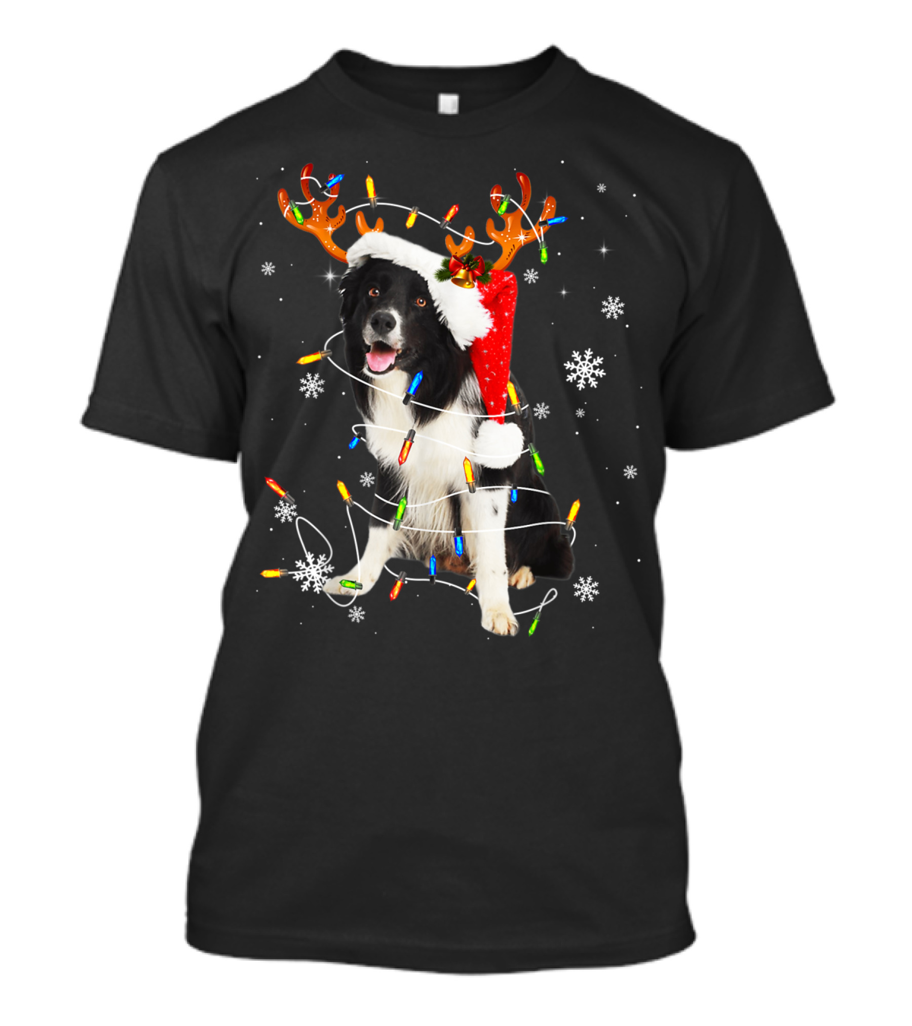 Border Collie Santa Hat Reindeer Antlers Christmas Lights Snowflakes T-Shirt