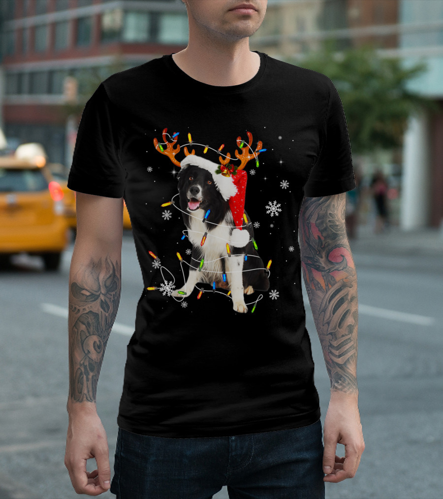 Border Collie Santa Hat Reindeer Antlers Christmas Lights Snowflakes T-Shirt