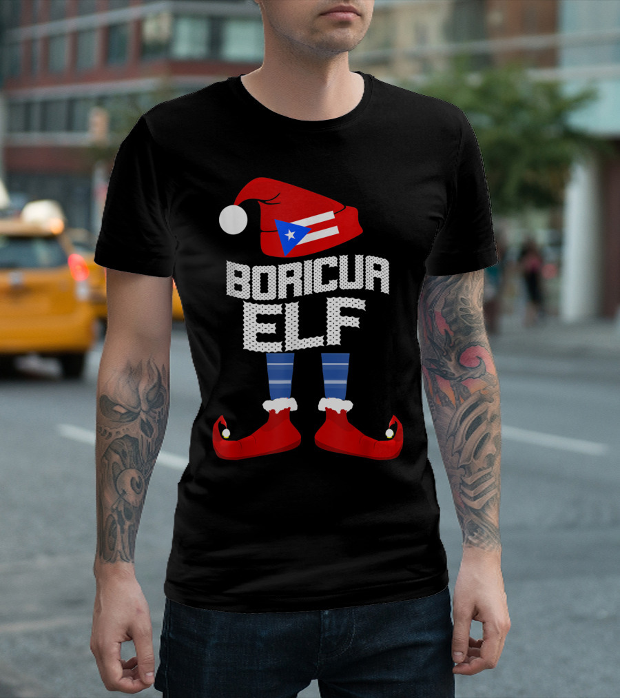 Boricua Elf Puerto Rican Flag Christmas Hat Red Shoes Striped Socks T-Shirt