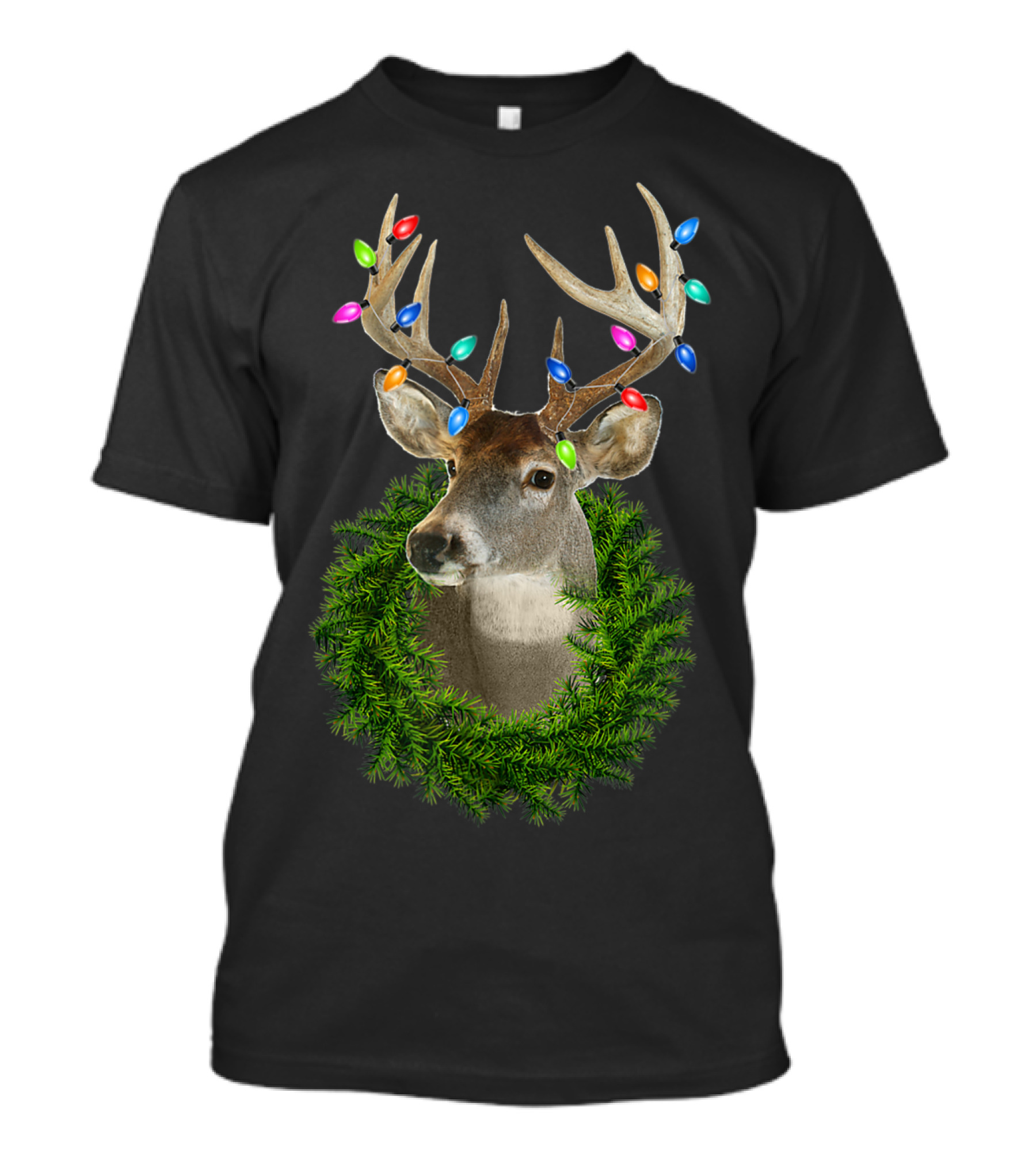 Christmas Whitetail Deer Buck With Holiday Lights And Evergreen Wreath T-Shirt