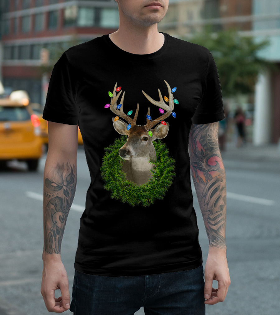Christmas Whitetail Deer Buck With Holiday Lights And Evergreen Wreath T-Shirt