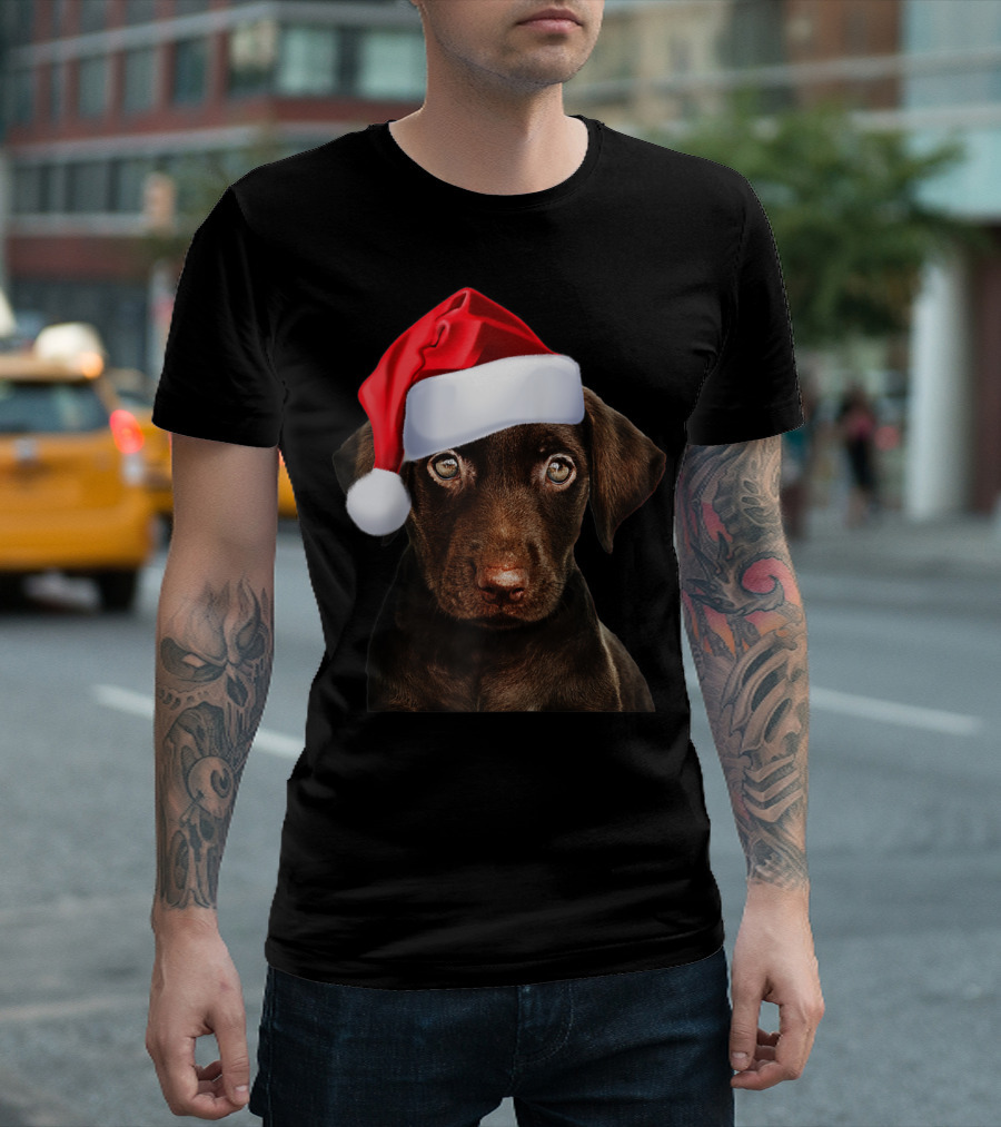 Cute Chocolate Lab Wearing Santa Hat Funny Dog Image T-Shirt
