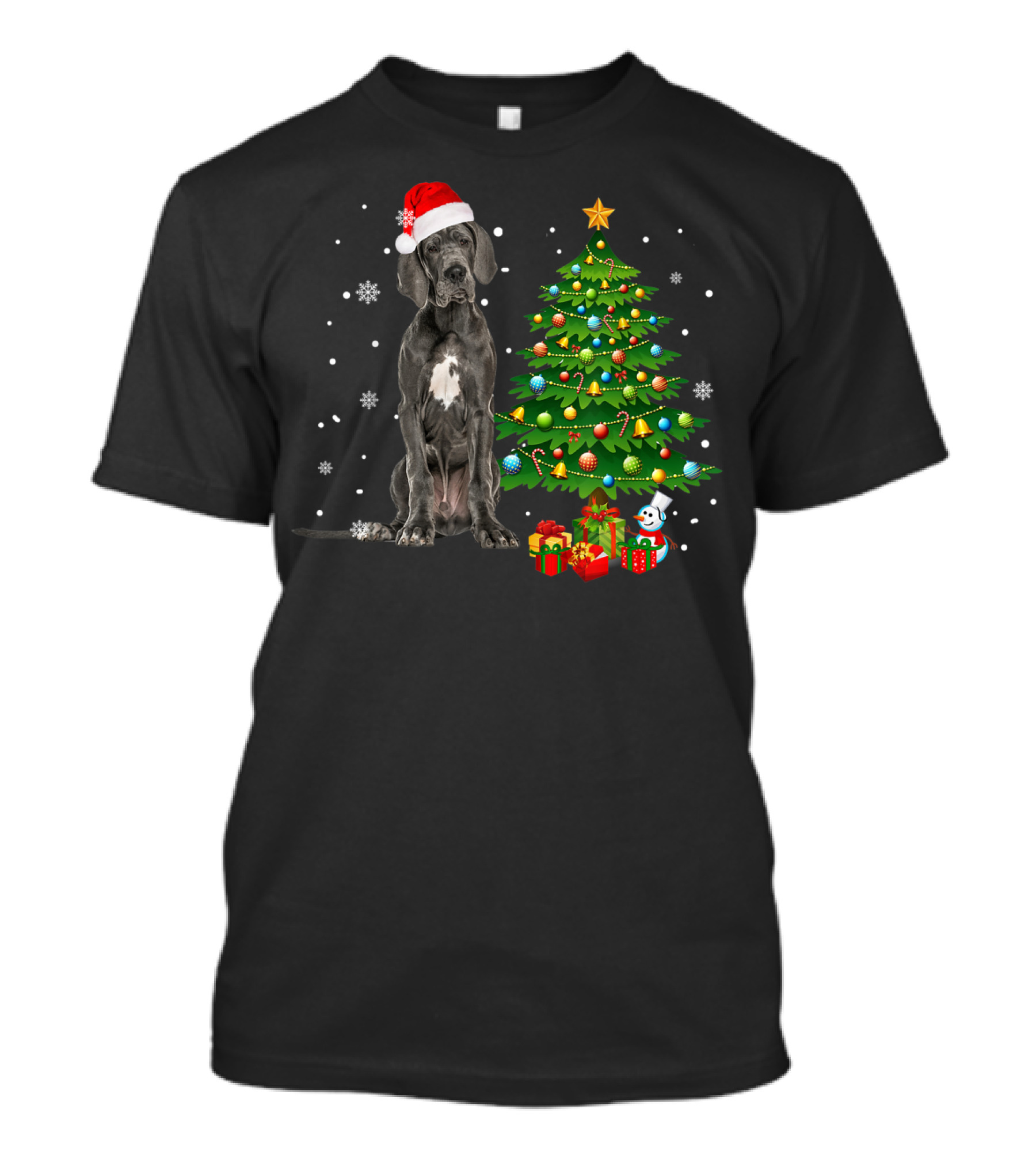 Great Dane Santa Hat With Christmas Tree And Snowflakes T-Shirt