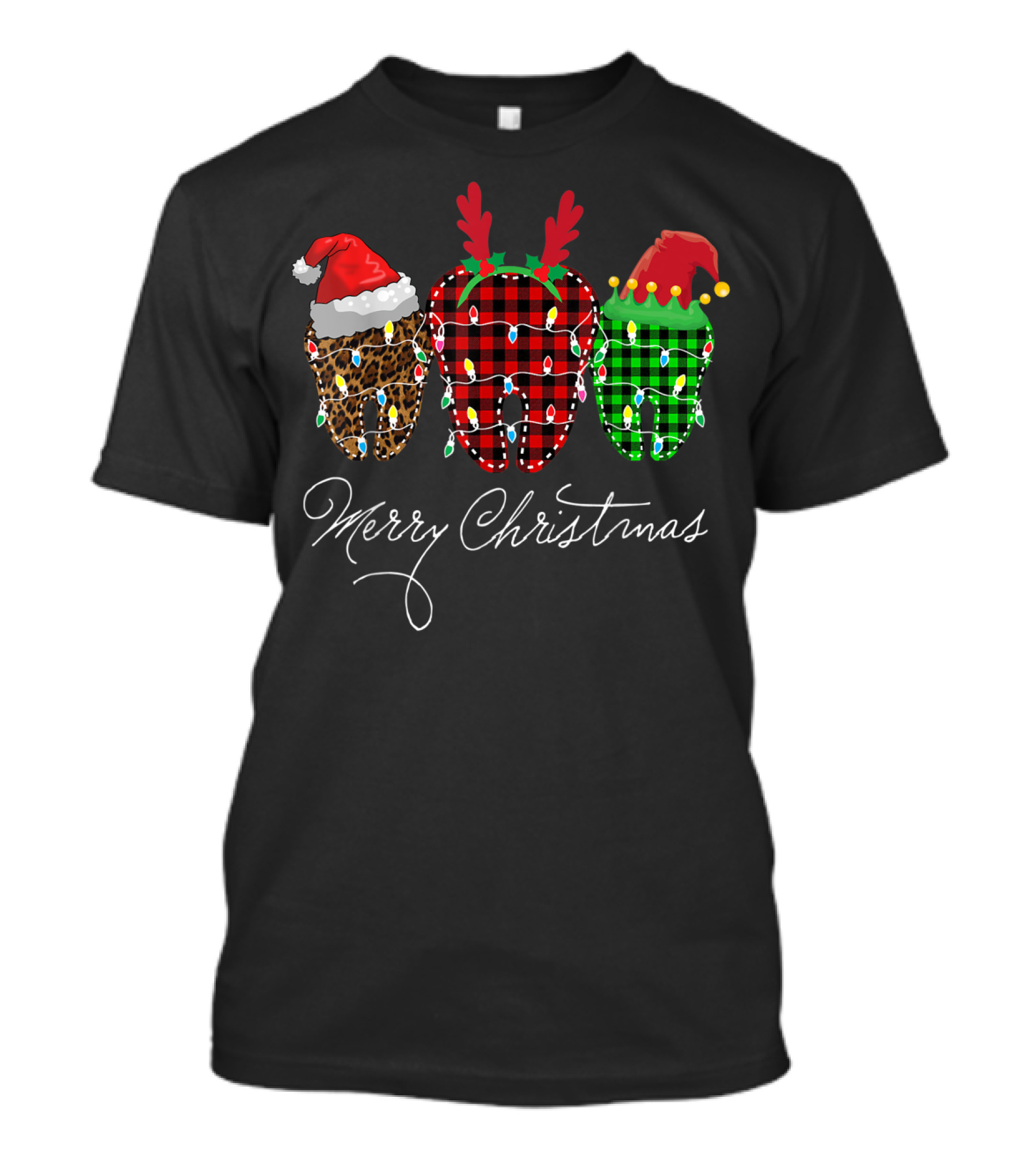 Merry Christmas Plaid And Leopard Print Santa And Reindeer Teeth With Lights T-Shirt