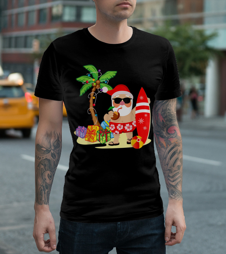 Funny Santa Claus Summer Surfing with Surfboard and Palm Tree T-Shirt