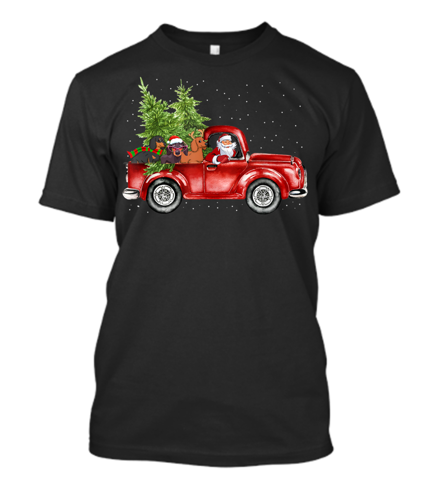 Funny Santa Driving Red Truck With Dachshund And Christmas Trees T-Shirt