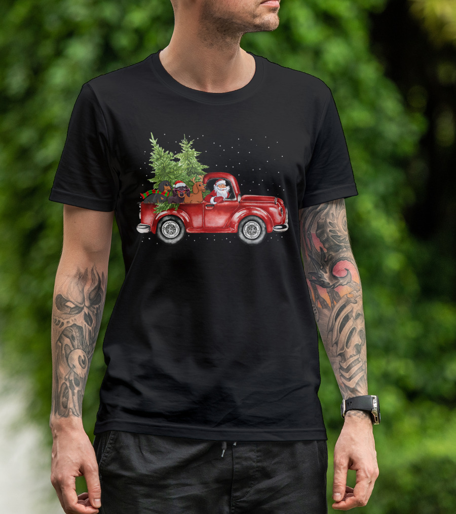 Funny Santa Driving Red Truck With Dachshund And Christmas Trees T-Shirt