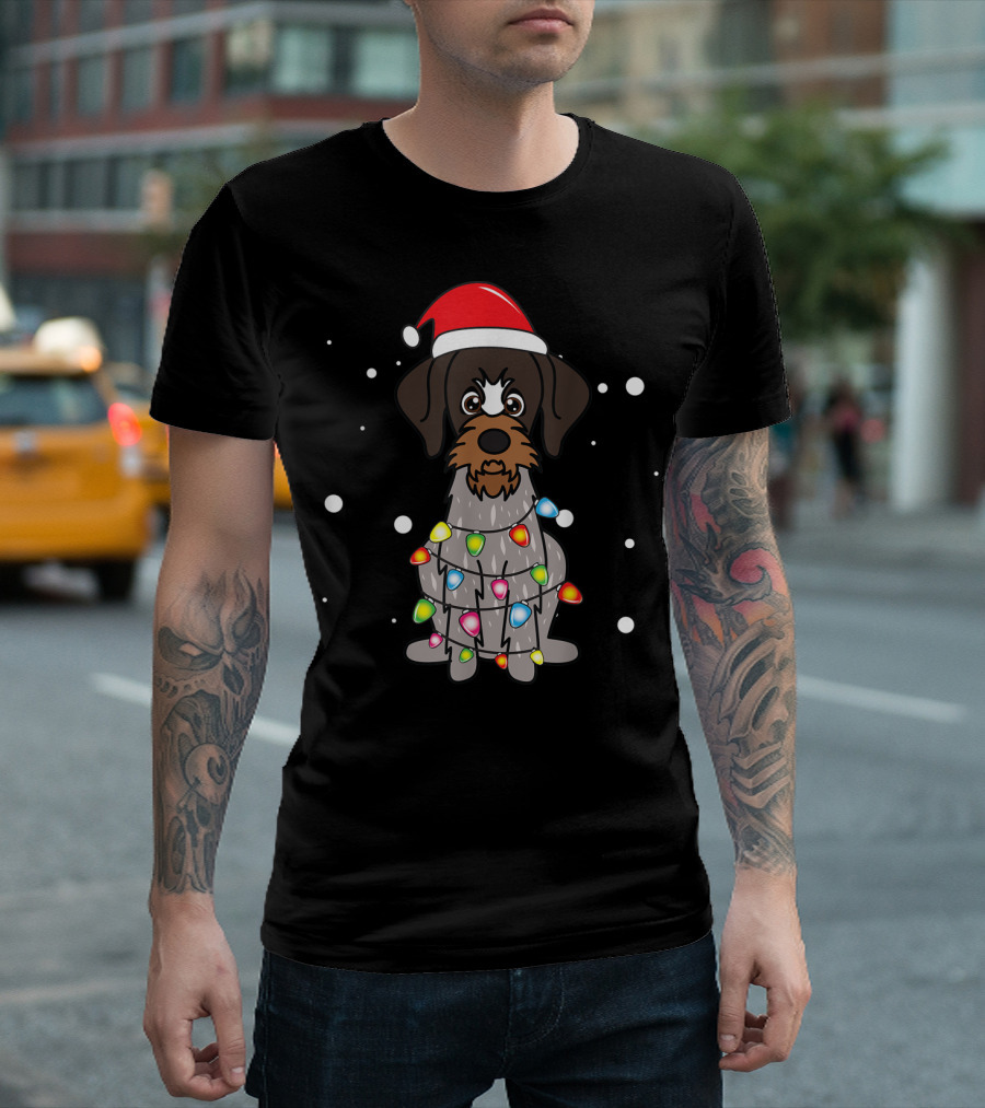 German Wirehaired Pointer Christmas Lights Festive Santa Hat T-Shirt