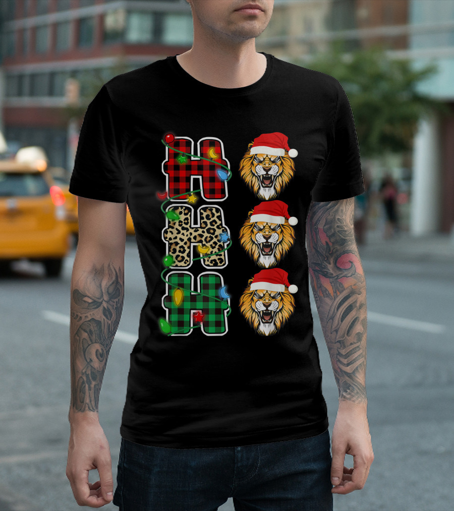 Hohoho Santa Hat Lion Leopard Plaid Christmas Lights T-Shirt