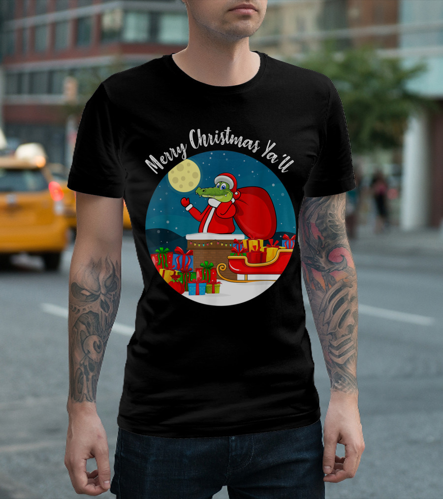 Merry Christmas Ya'll Alligator Santa with Presents in Sleigh T-Shirt