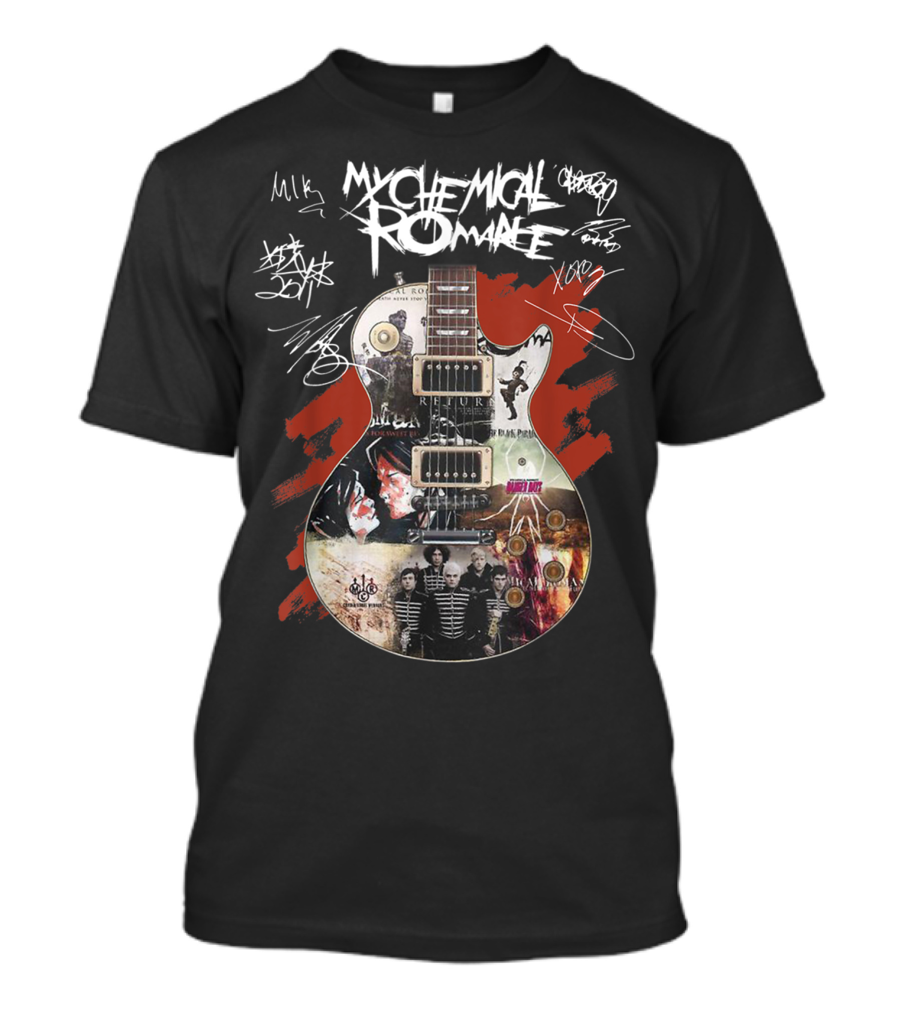 Mychemicalromance Signature Collage Guitar Print T-Shirt