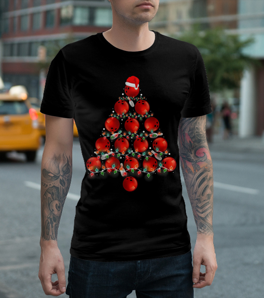 Funny Bowling Ornament Christmas Tree Bowling Balls With Santa Hat T-Shirt