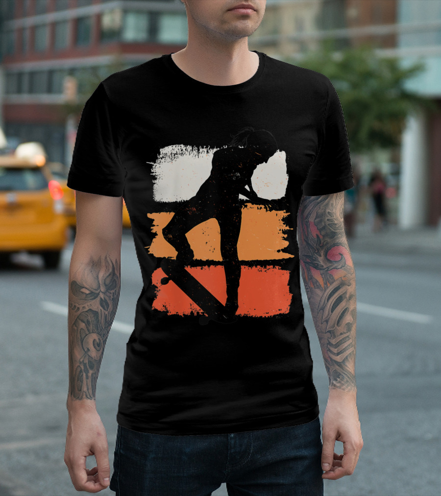 Girls Skateboarding Women Skater Silhouette On Brushstroke Background T-Shirt