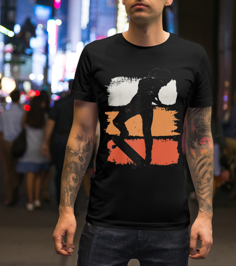 Girls Skateboarding Women Skater Silhouette On Brushstroke Background T-Shirt