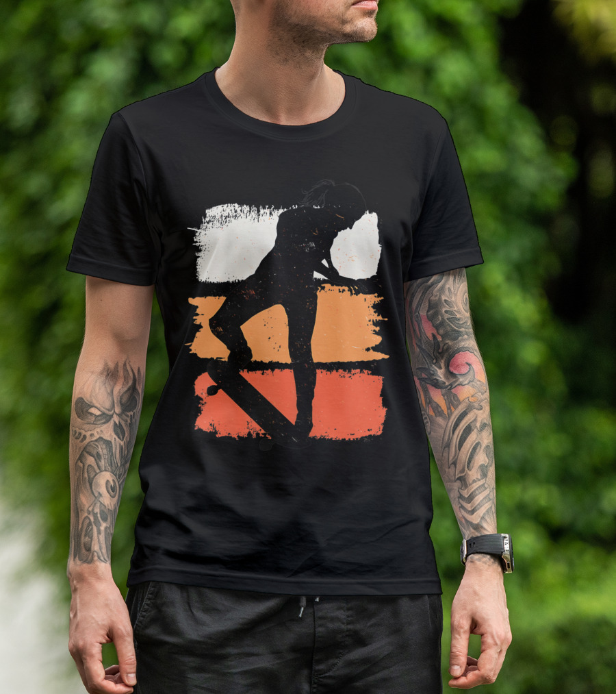 Girls Skateboarding Women Skater Silhouette On Brushstroke Background T-Shirt