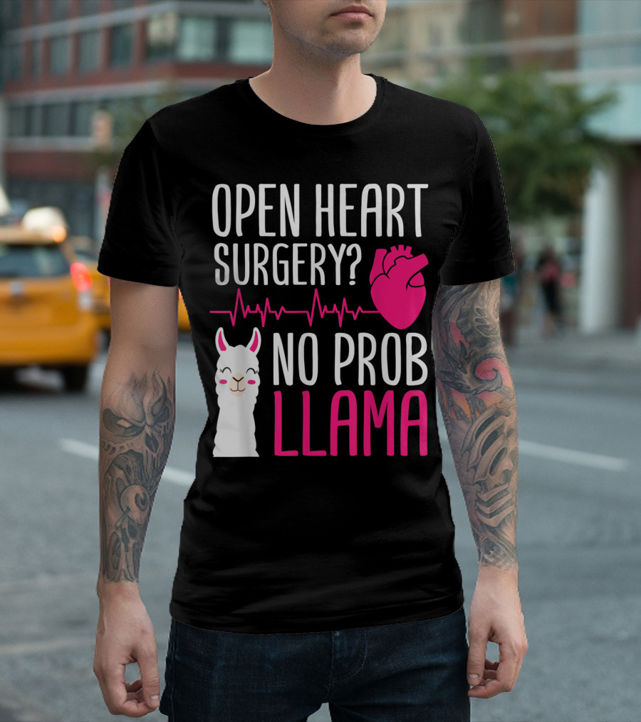 Open Heart Surgery No Prob Llama Illustrated Heartbeat Cartoon T-Shirt