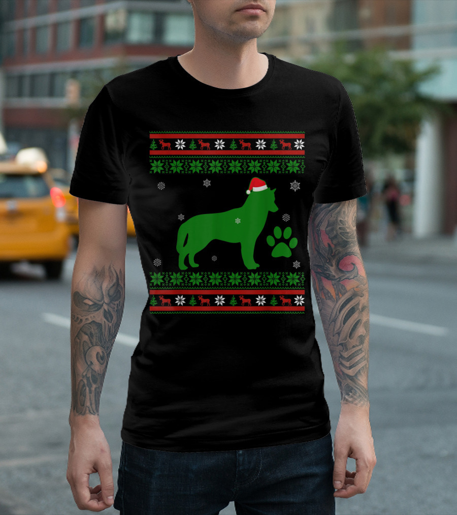 Siberian Husky Dog Christmas UglyDog Santa Hat Green Paw Snowflakes Reindeer T-Shirt
