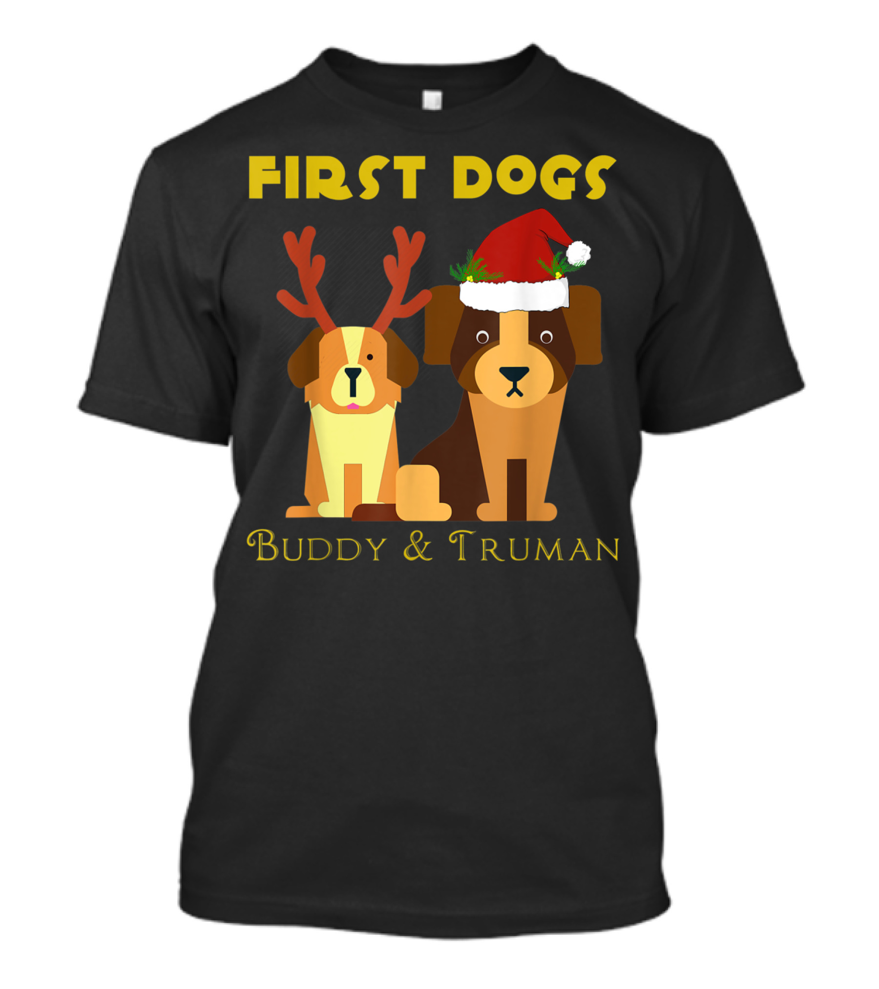 First Dogs Buddy And Truman Reindeer Antlers Santa Hat T-Shirt