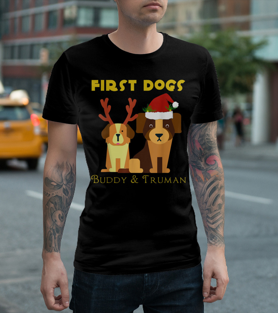 First Dogs Buddy And Truman Reindeer Antlers Santa Hat T-Shirt