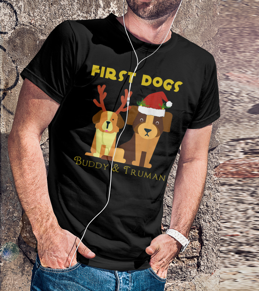 First Dogs Buddy And Truman Reindeer Antlers Santa Hat T-Shirt