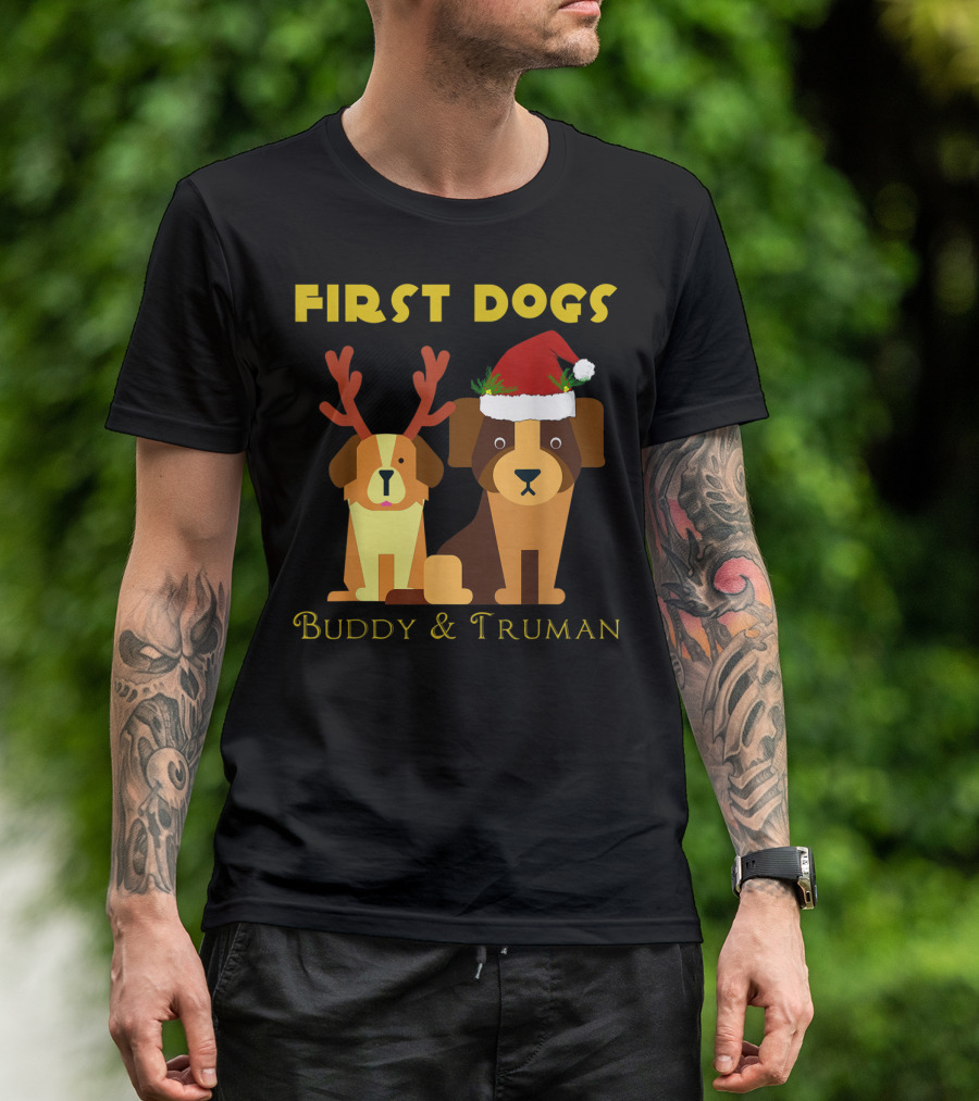 First Dogs Buddy And Truman Reindeer Antlers Santa Hat T-Shirt